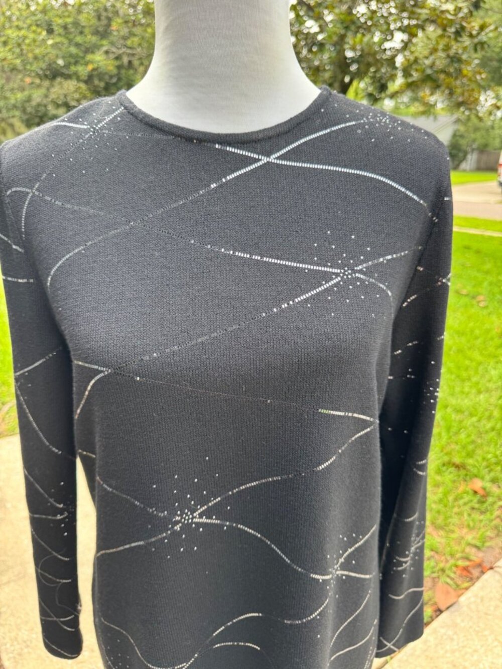 Marie Gray St John Black Knit Evening Top Silver Glitter Long Sleeve Women M